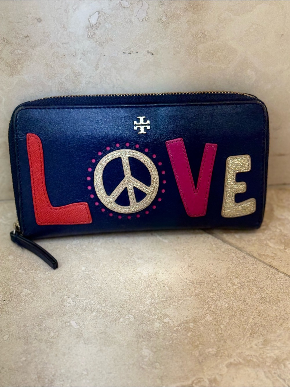 Tory Burch Retro Peace Love Leather Continental Long Zip Wallet Navy